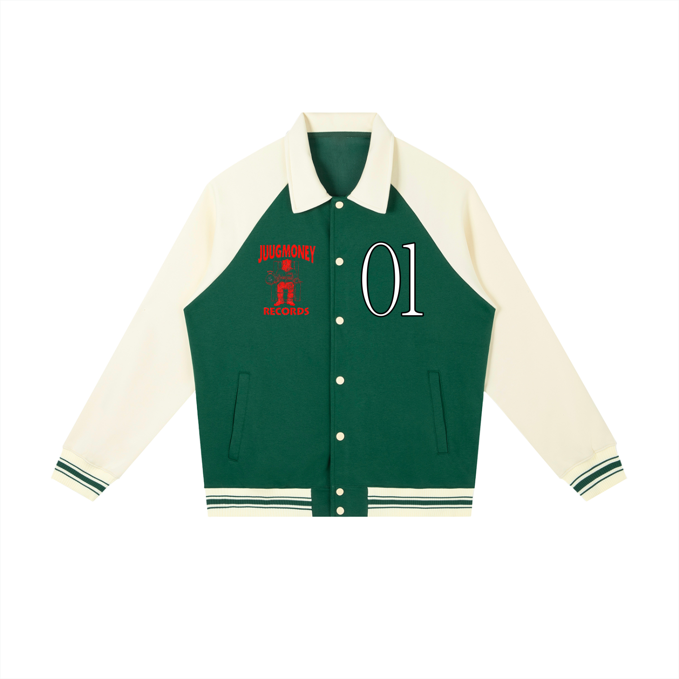 “Juug Row ‘01” Contrast Raglan Sleeve Baseball Jacket