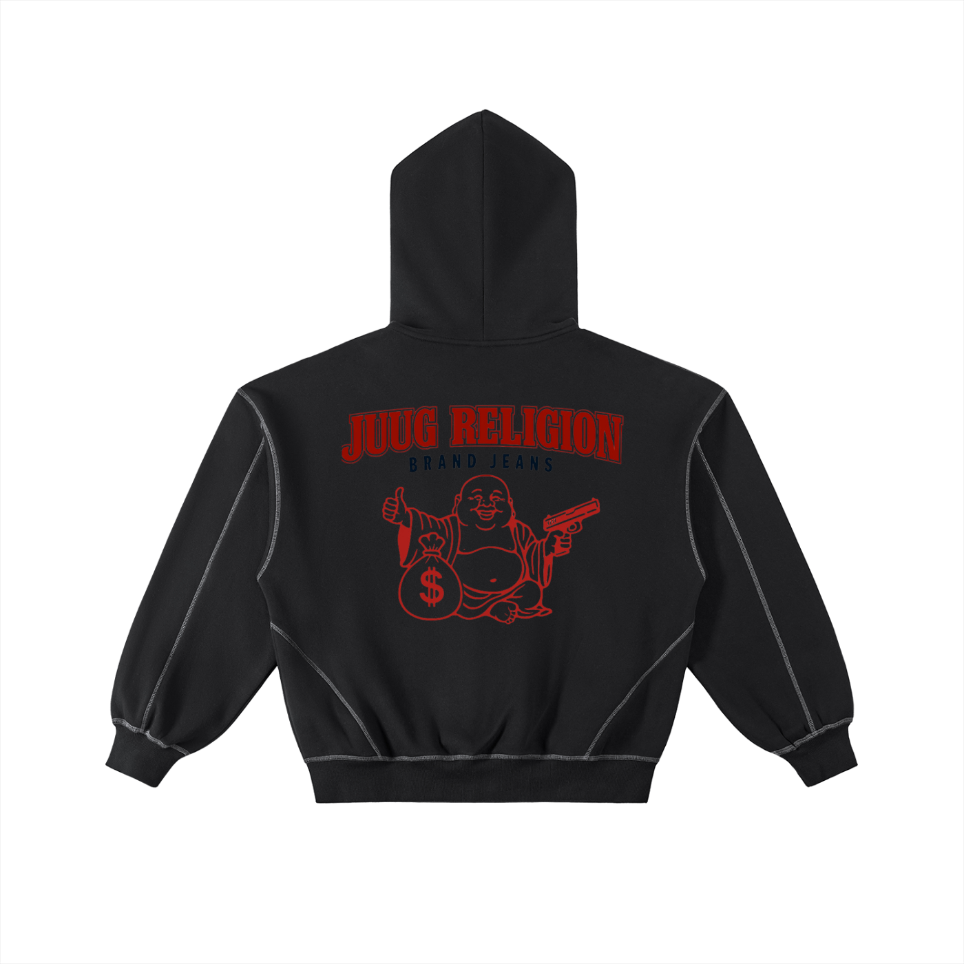 “Juug Religion” Contrast-Stitched Boxy Fleece Zip Hoodie