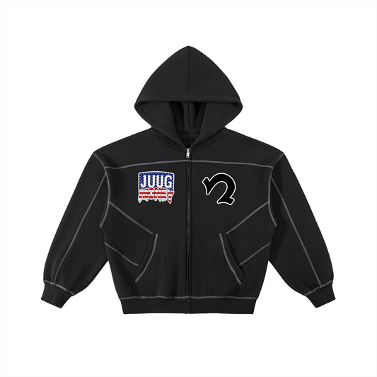 “Juug Religion” Contrast-Stitched Boxy Fleece Zip Hoodie