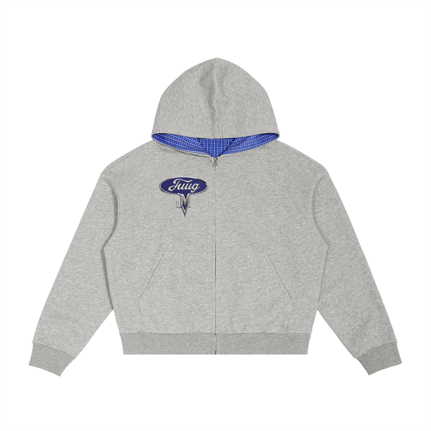 “Juug Motors” Contrast Plaid Boxy Zip Hoodie