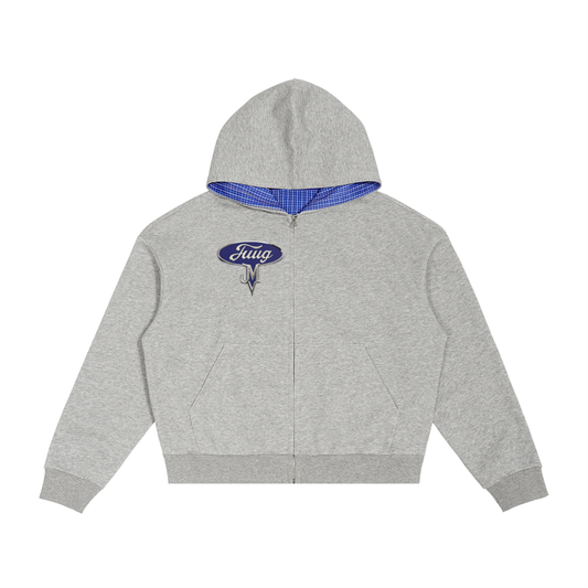 “Juug Motors” Contrast Plaid Boxy Zip Hoodie